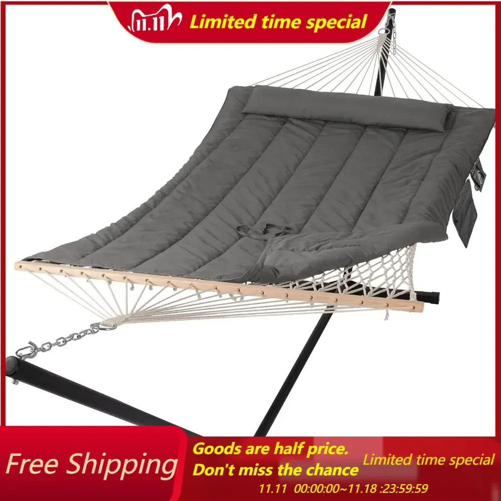 Double Outdoor Hammock with Stand, Two Person Cotton Rope Hammock with Polyester Pad, Dark Gray