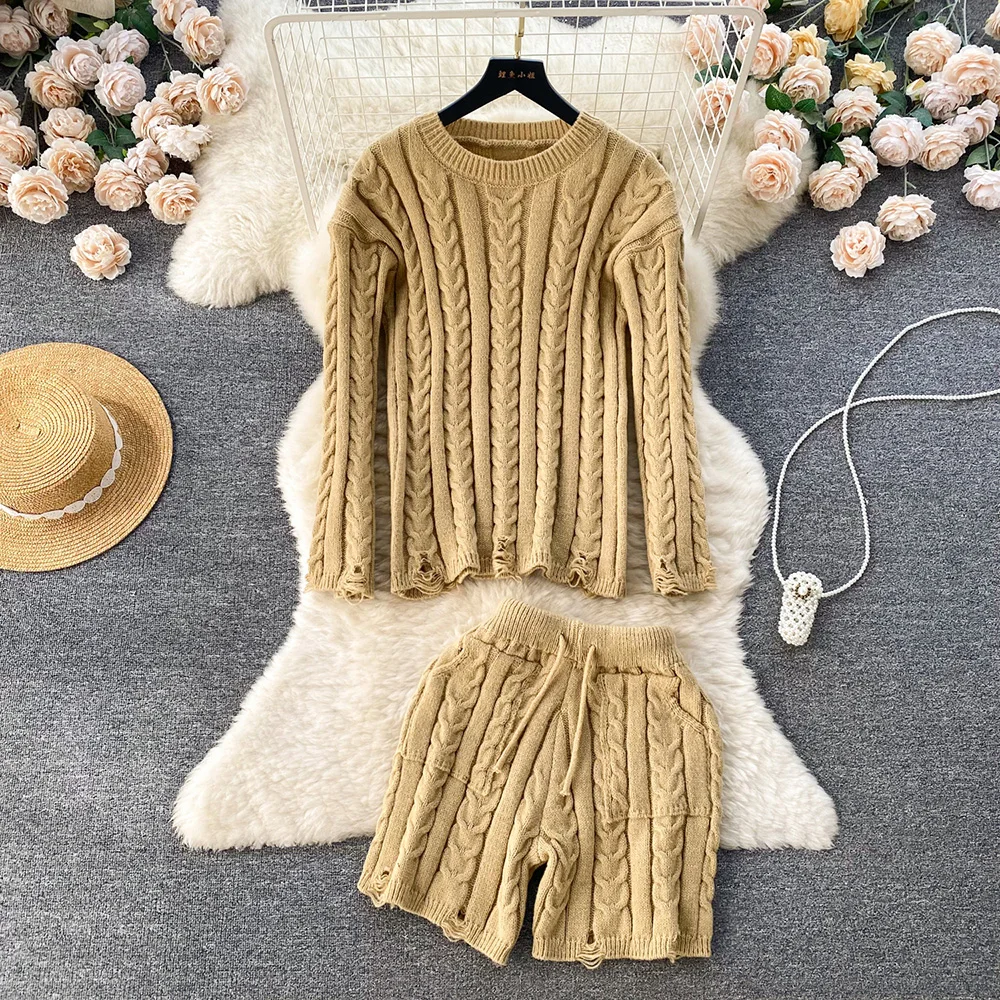 

Croysier Casual Knit Two Piece Set Women Pullover Sweater And Drawstring Tie Elastic Waist Shorts Matching Sets Womens Outfits