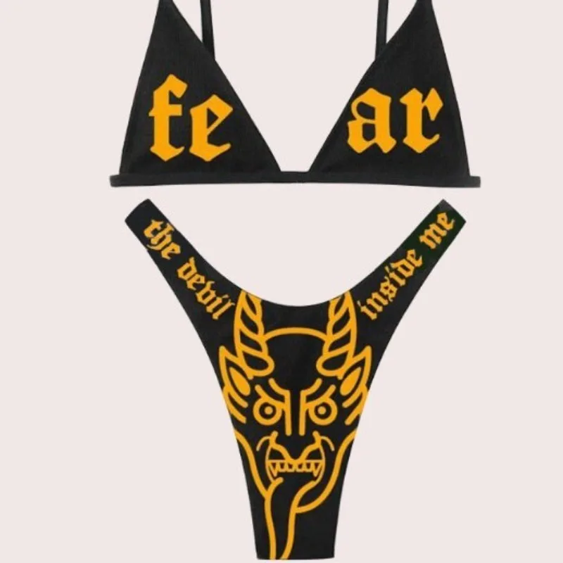 Devil Print Bikini Set Women's 2 Piece Swimsuit Triangle Top High Cut Bathing Suit For Vacation and Pool Beachwear