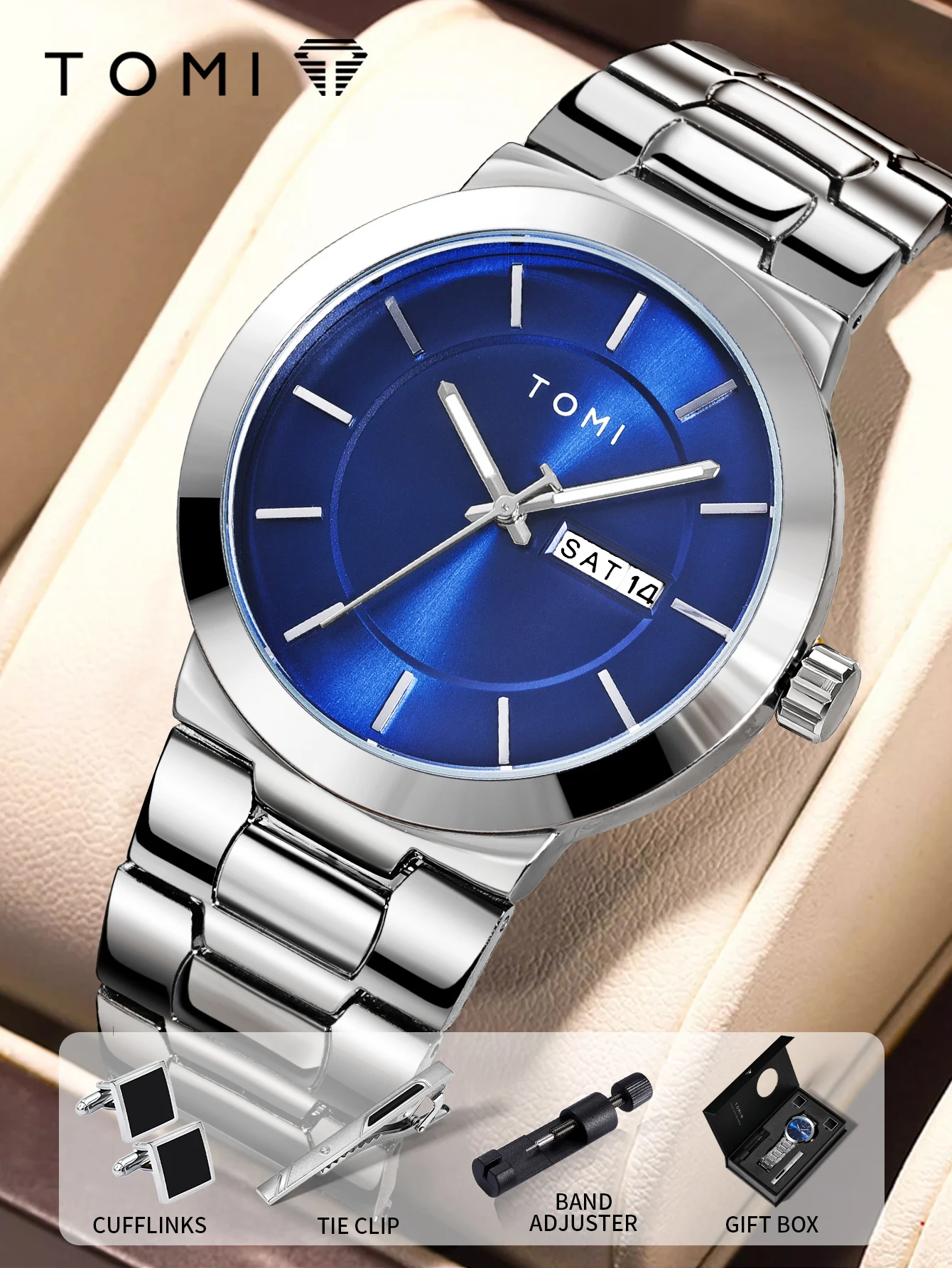 TOMI Men's Luxury Business Watch Gift Box Set Casual Men's Stainless Steel Strap Double Calendar Quartz Watch Relogio Masculino