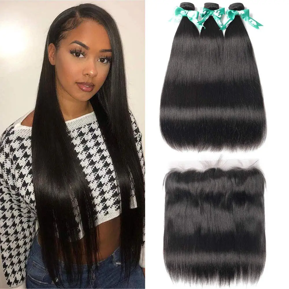 Brazilian Straight Hair 3/4 Bundles With Frontal Closure 13x4 Ear To Ear Lace Frontal With Bundles Virgin Human Hair Extensions