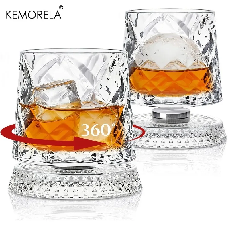 KEMORELA - Vasos de Whisky Giratorios de 300 ml, 2 Unidades, Vasos Transparentes para Whisky Escocés y Bourbon, Vasos de Cóctel para Bar, Fiestas, Hogar y Regalo