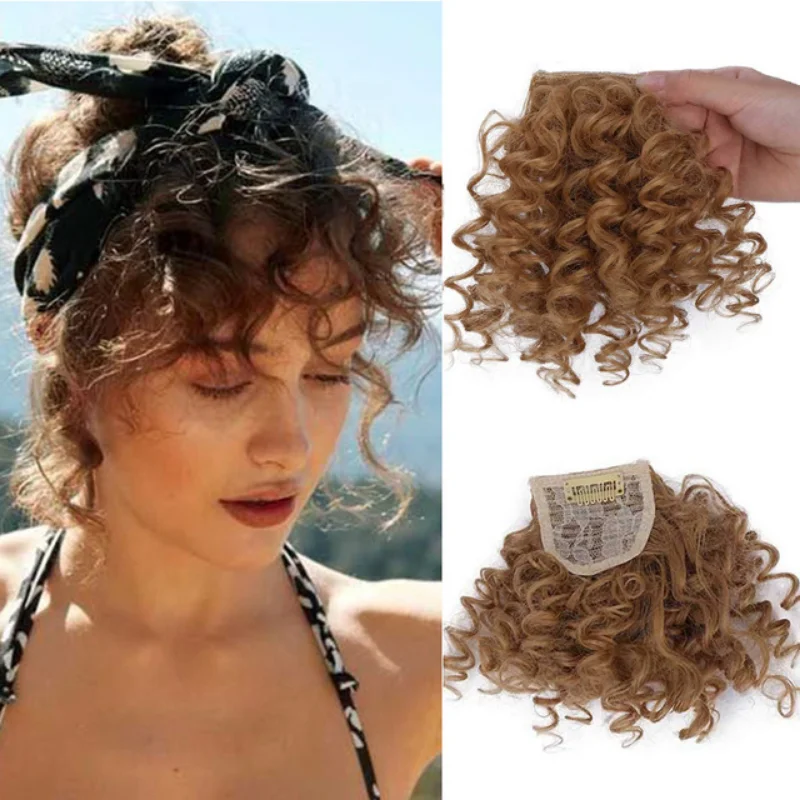 Afro Curly Bangs peruca para mulheres, preto, branco, franja falsa, clipes, natural, acessórios de cabelo sintéticos