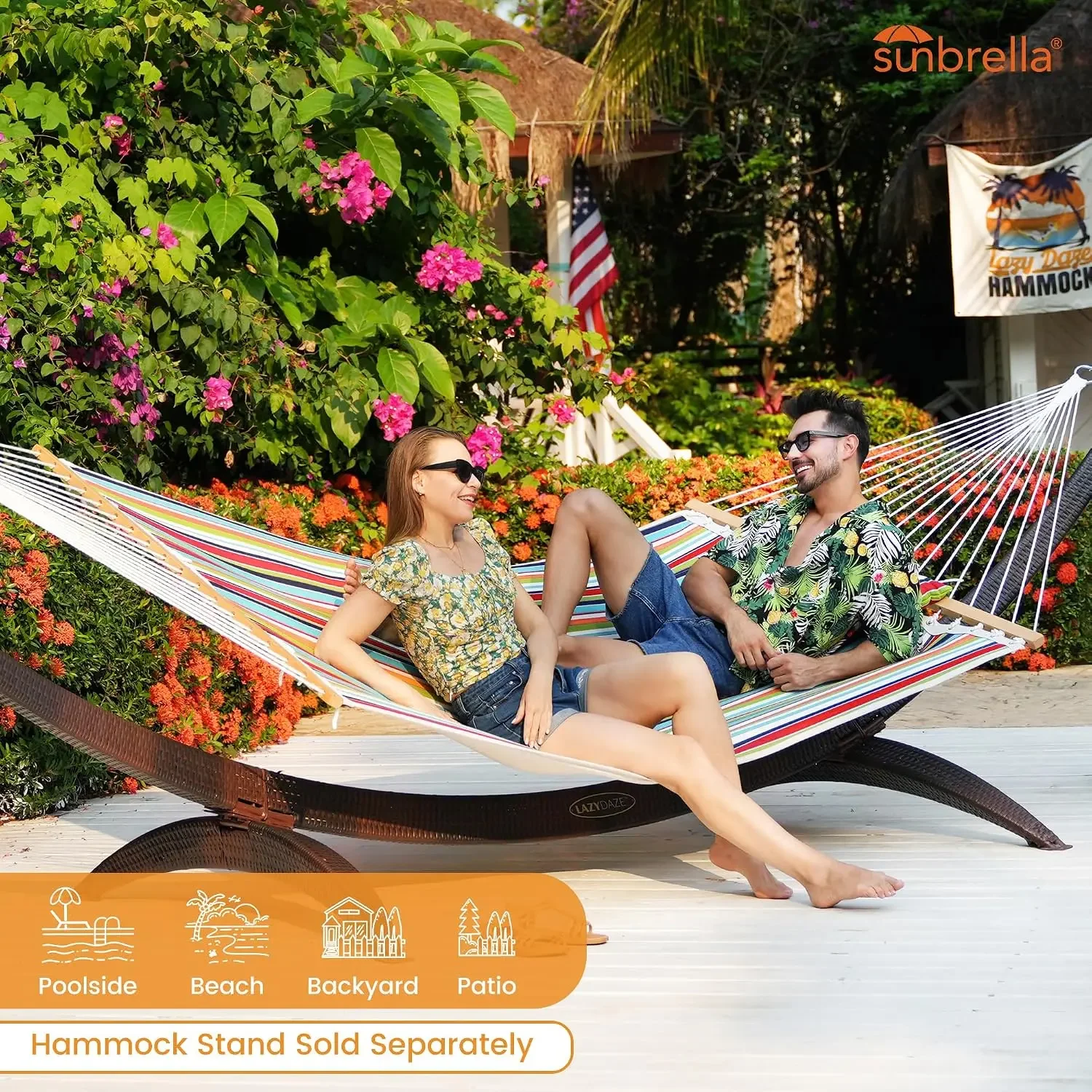 12 FT Sunbrella Fabric Quilted Hammock Double Sunbrella Quilted Hammock with Spreader Bars & Pillow, All Weather and Fade Resist