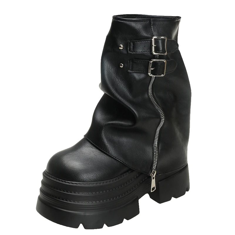 Shoes for Women New Mid-Calf Boots 10CM High Platform Modern Boots Belt Buckle Punk Shoes Female Zip Leather Motorcycle Boots