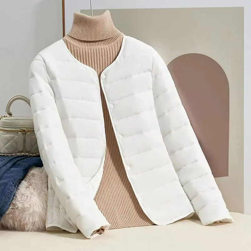 Ultra Lightweight Down Cotton Jacket for Women Autumn Winter Warm Collarless Puffer Coat Ladies Korean Slim Fit Thin Parkas