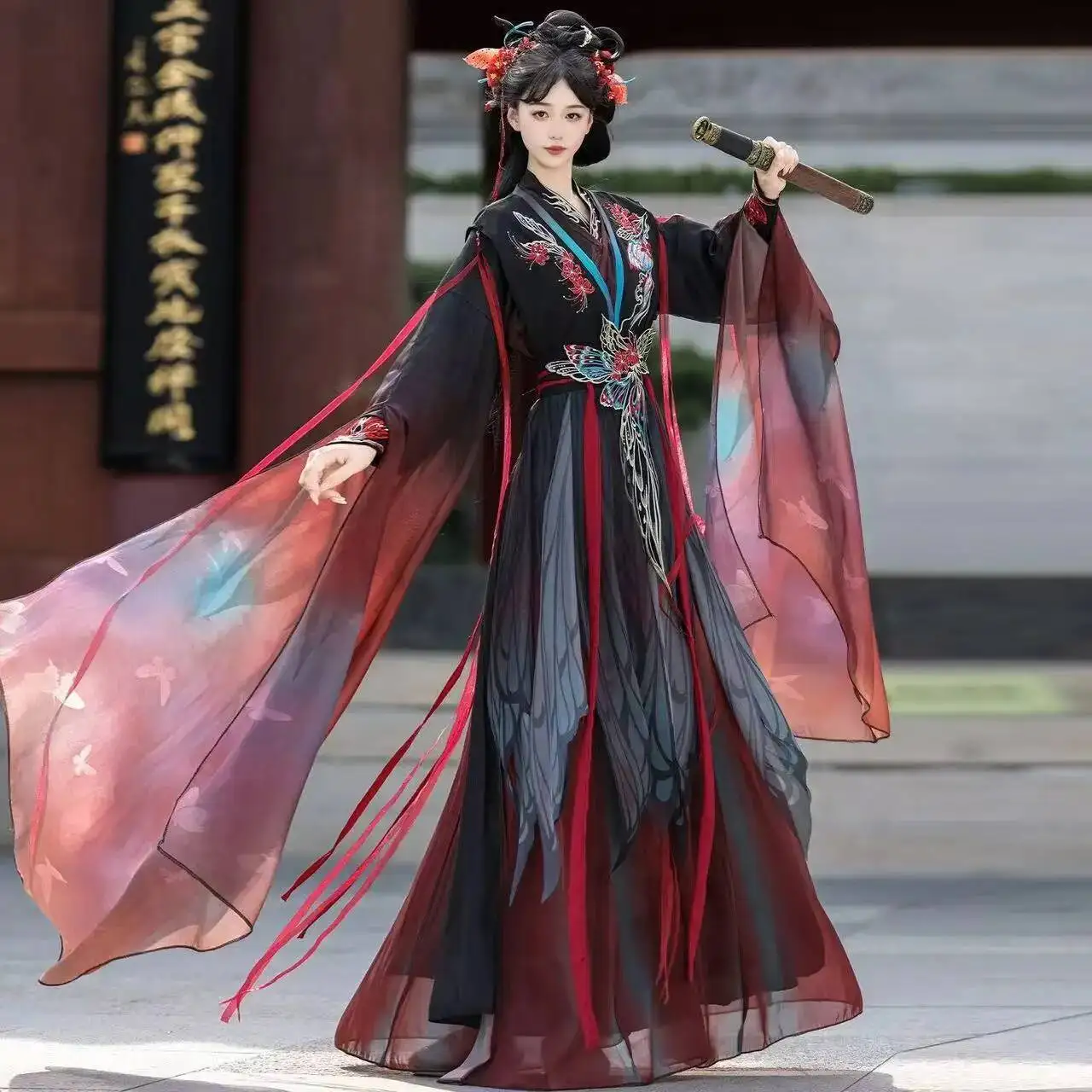 

Women‘s Fairy Martial Hanfu Traditional Chinese Cross Collar Embroidery Suits Vintage Carnival Event Cosplay Costume Stage Show