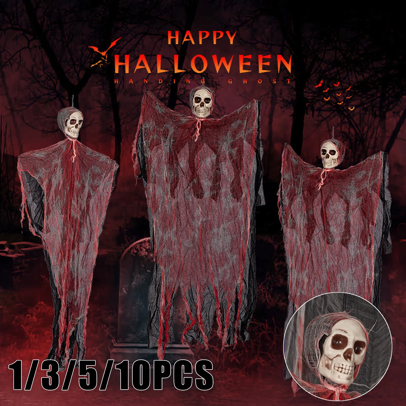

Terrifying Bloody Hanging Ghost Skull Gauze Horror Decor Outdoor Haunt Prop Chilling Porch Display Indoor Spooky Arrangement
