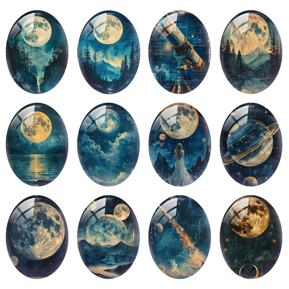 Random Mixed Round/Oval/Square Deep Blue Starry Night Sky Moon Photo Glass Cabochon Flatback Demo Cameo For Diy Jewelry Making