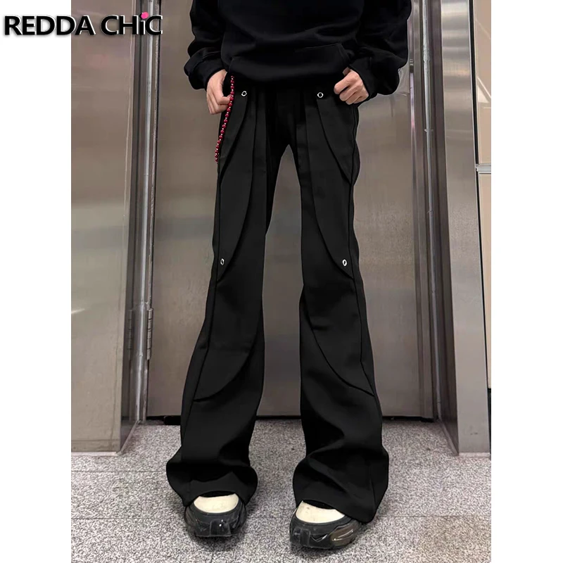 

REDDACHIC винтажный черный плиссированный костюм, брюки, мужские однотонные драпированные брюки с низкой талией, облегающие брюки-клеш, рабочая повседневная одежда