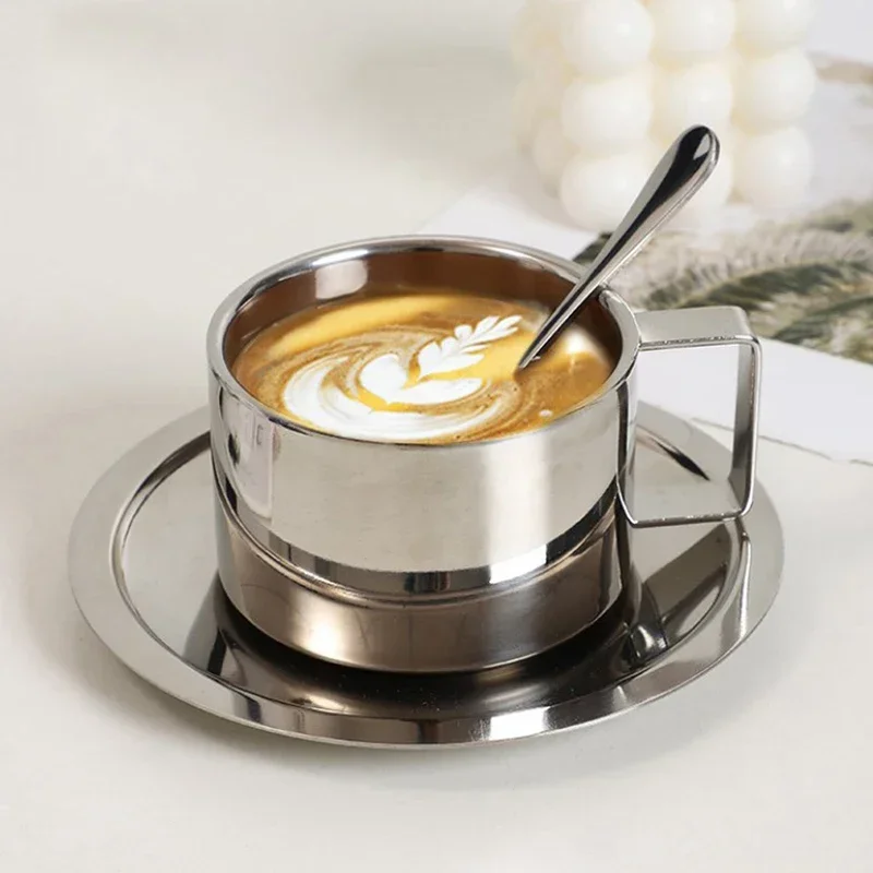 3pcs Stainless Steel Coffee Cup Set Double Walled Heat Resistant Mug with Saucer Spoon Drink Tableware Kitchen Cafe Accessories
