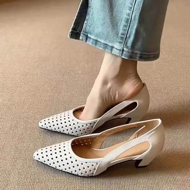 

French Style Pointed Sandals Shallow Hollow-Toed Breathable Pumps Soft Leather Women Shoes with Skirts Chaussure Femme