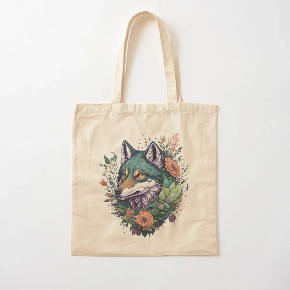 Floral Whispers: Vintage Cute Wolf with Flowers Tote Bag tote bag woman Canvas bag Women's beach bags