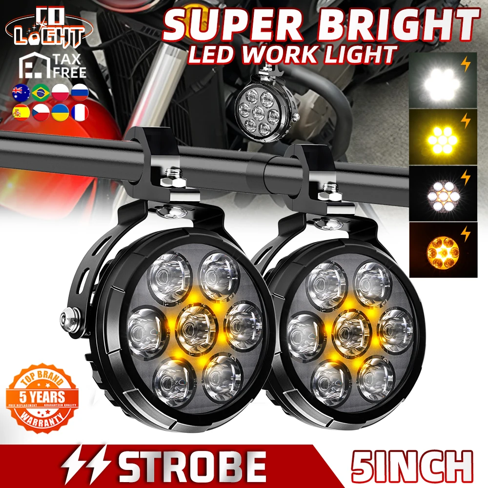 CO LIGHT Motorrad 5-Zoll-LED-Scheinwerfer Nebelscheinwerfer Fahrlicht Superhell WEISS GELB Blinkendes Zusatzlicht für Offroad-Einsatz