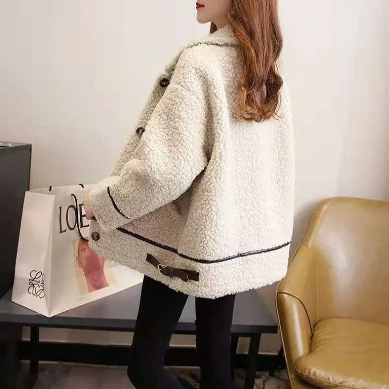 Korean Fashion Sheepskin Coat for Women Loose Soft Wool  Women\'s Winter Jackets 2024 Thick Warm