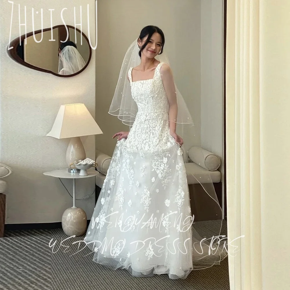 ZHUISHU 2026 Elegant Floral Appliques Wedding Dresses Wide Spaghetti Strap Prom Gowns Korea Bridal Dress Photos Shoot Customized