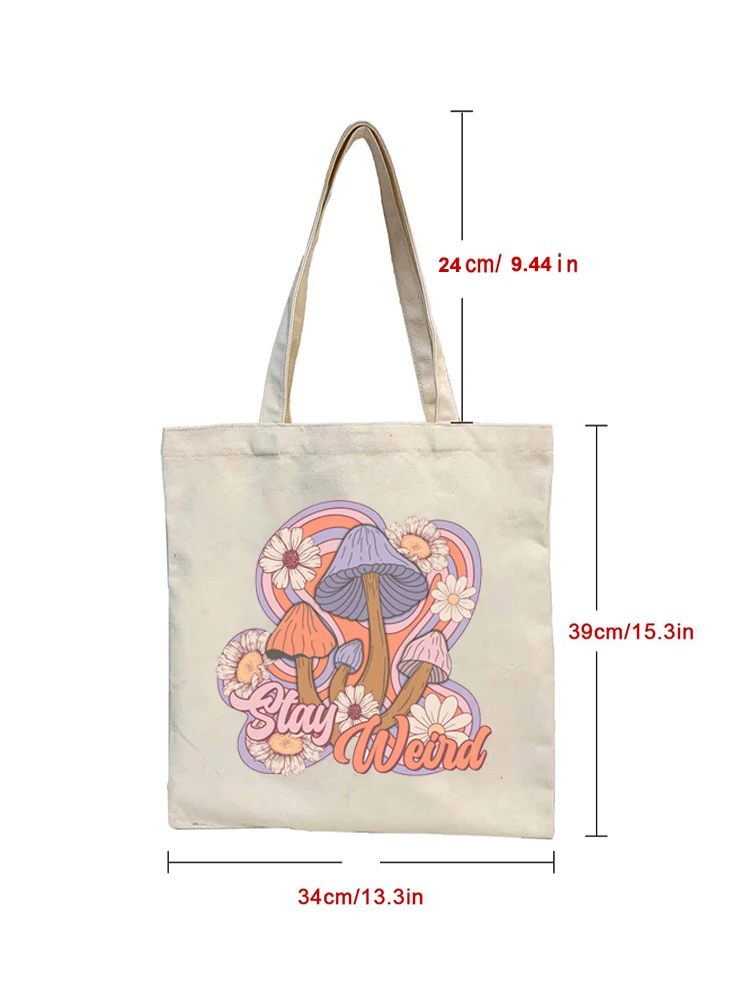 1pcs Women Shopping Bag with Mushroom Print Canvas Tote Reusable Shopper Bags Student Book Bag Luggage Bag Reusable Shoulder Bag