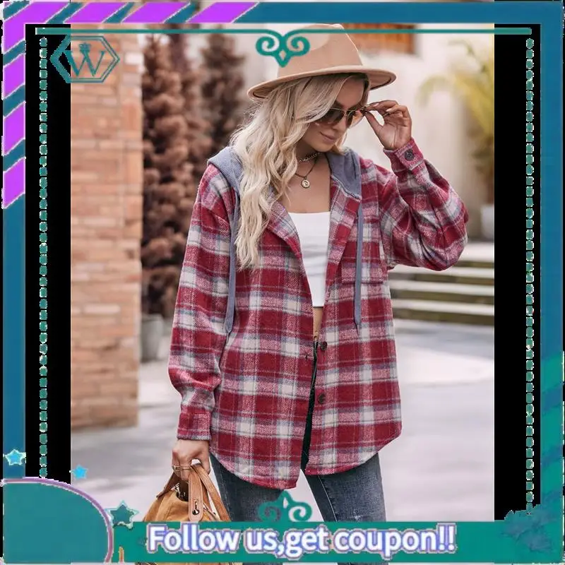 

A09P Women's Flannel Plaid Hoodie Long Sleeve Jacket Button Drawstring Casual Fall Shirts With Pocket