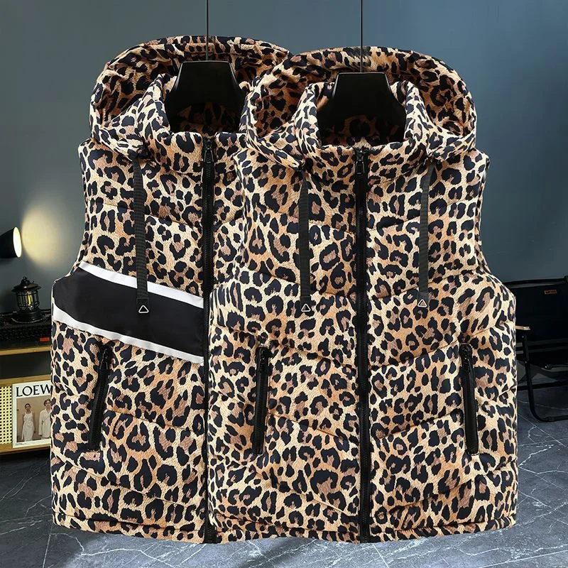 Fashion Retro Leopard Print Cotton Vest Coat European American Winter Thick Warm Hooded Cotton-Padded Jacket Top Waistcoat Vests