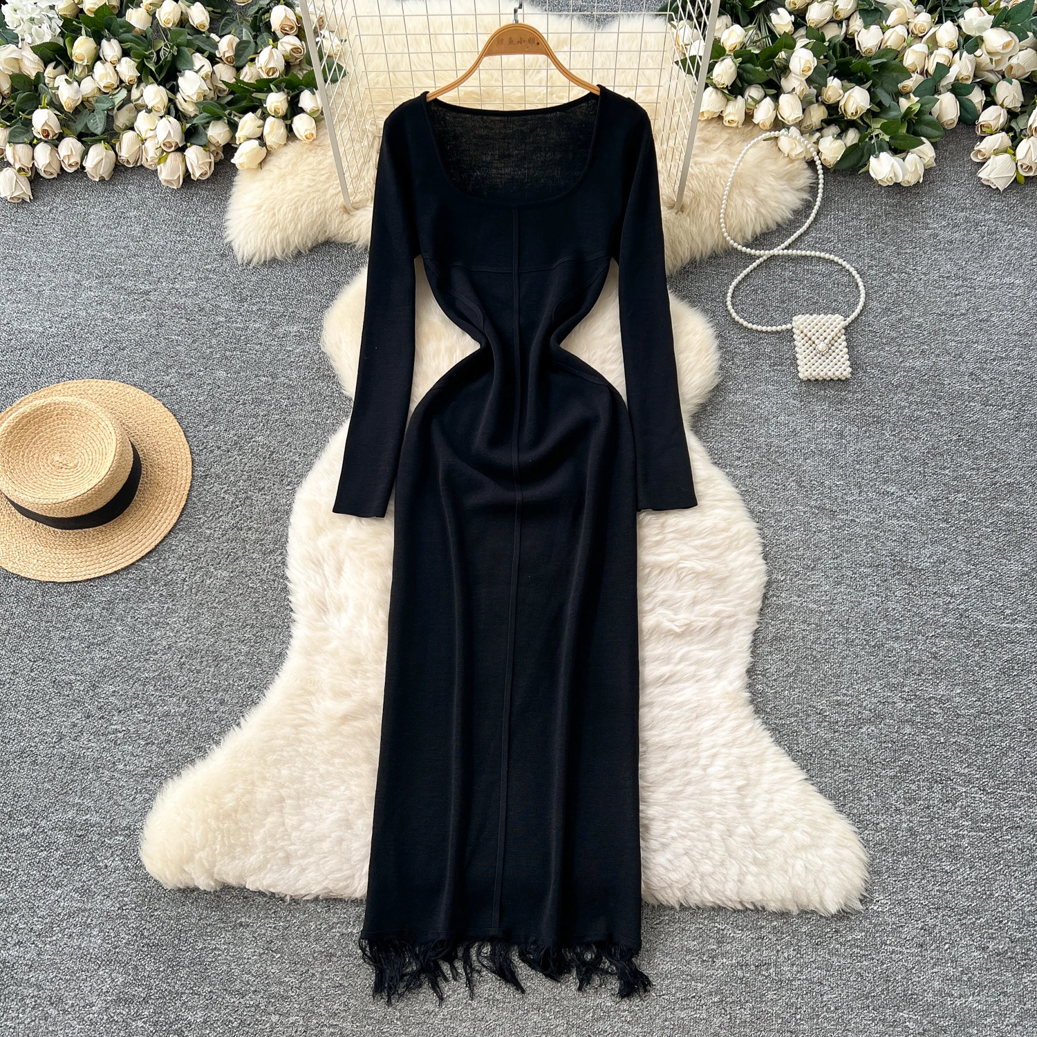 시크한 빈티지 태슬 장식 긴팔 니트 슬림핏 우아한 요정풍 한국 패션 보헤미안 선드레스 여성 의류 드레스