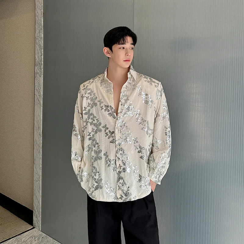 SYUHGFA Korean Style Men's Shirts Casual Butterfly Sequin Turn-down Collar Long Sleeve Loose Single Breasted Fashion 2024 Autumn