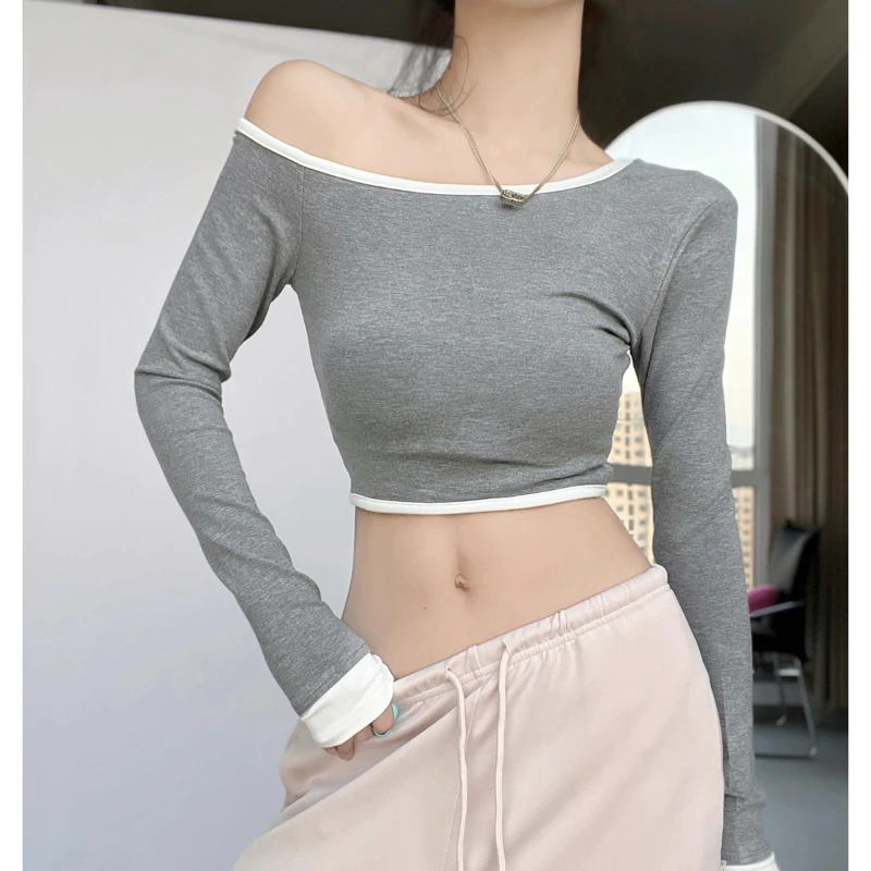 

Casual Autumn Long Sleeve T Shirts Women Sexy Off Shoulder Slim Pullovers Tees Streetwear Chic Solid Lady Patchwork Tops New