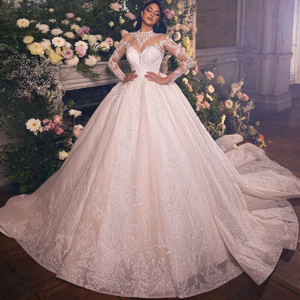

Customized Ball Gown Lace Wedding Dresses Floor Length Beaded Long Sleeves Bridal Dress with Chapel Train