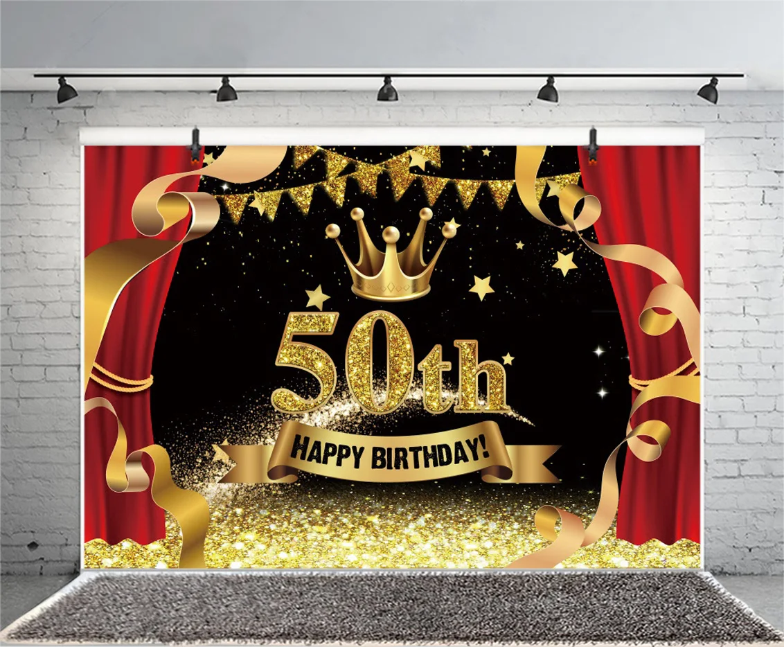 Telón de fondo con purpurina dorada para hombre y mujer, cortina roja para fiesta de cumpleaños de 50 años, accesorios para sesión fotográfica, pancarta