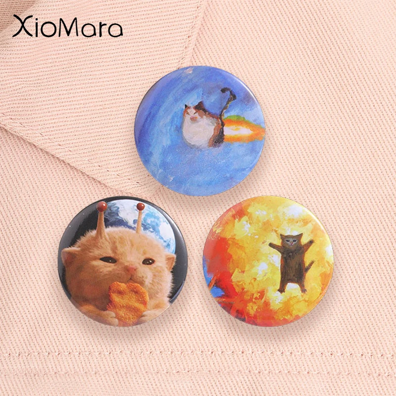 Cute Space Alien Cat Meme Tinplate Soft Button Pin Exploding Cat Rocket Mushroom Cloud Brooches Badge Jewelry Gift for Friends