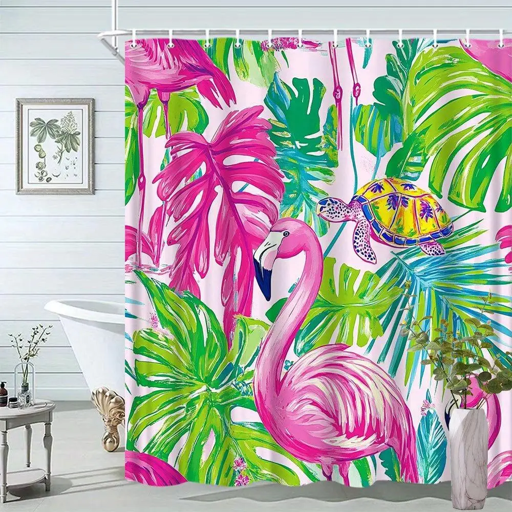 

Bohemian Tropical Flamingo Shower Curtain Bathroom Decor Jungle Leaf Print Exotic Animal Polyester Curtain Waterproof Home Acces