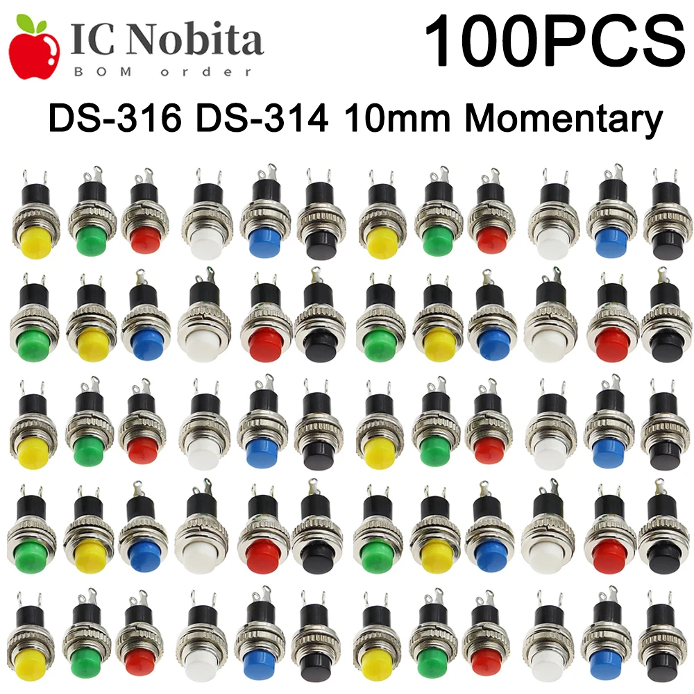 100PCS 10MM Momentary Push Button Switch DS-316 DS-314 Self-reset Non-locking Doorbell Horn Power Start Key Switch Screw Thread