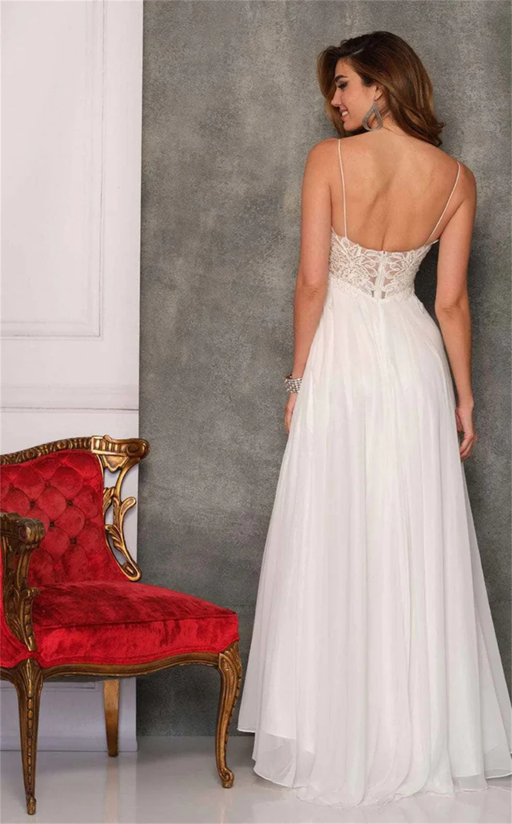 Sexy Lace Spaghetti Strap Evening Dresses Long Chiffon Women's Formal Evening Gowns Elegant Prom Party Dress Elegant V Neck Robe