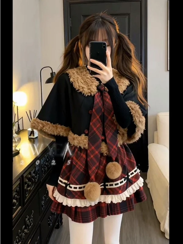 

Retro Plaid Cloak Coat Women's Autumn Winter Two-Piece Set Dr Layering Slimming Waist Design School Sle Faion