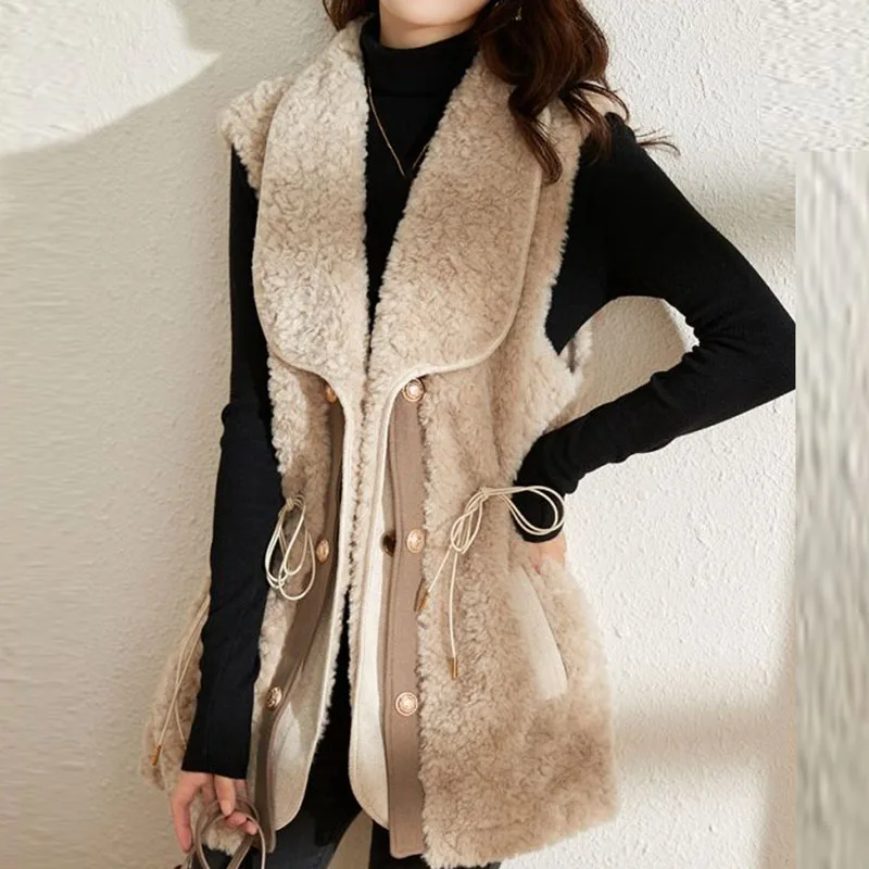 Winter Women Spliced Lamb Hair Vests Lace-up Fashion Elegant Vintage Slim Mid-Length Coat Office Lady Thicken Sleeveless Jacket