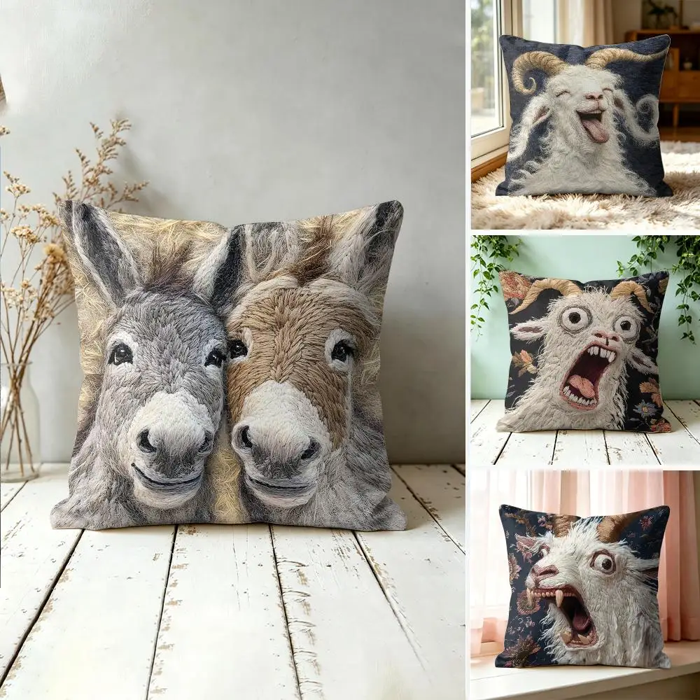 Screaming Goat Embroidery Art Cushion Cover Plush Fabric Soft Double-Sided Printed Sofa Warm Winter Home Gift Pillow Cover