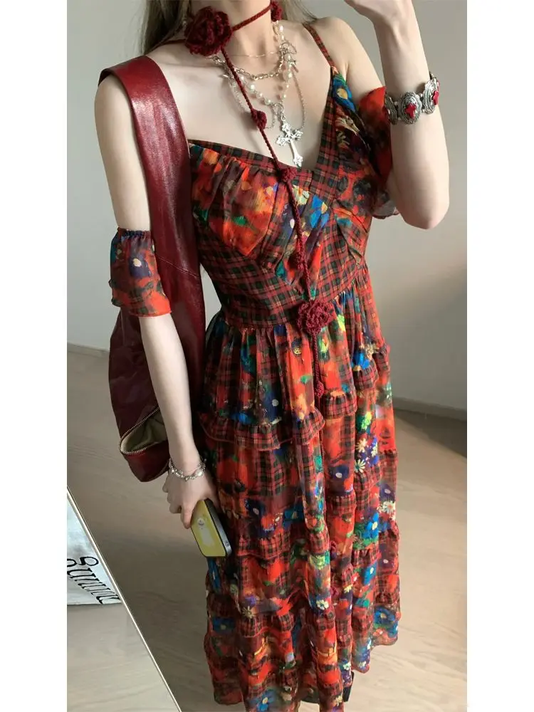 Summer Dress for Women New High-end French Retro Style Advanced Designed Niche Temperature V-neck Suspender Floral Dress