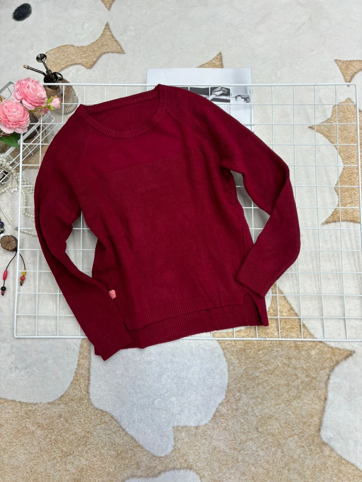 

Retro Red High-End Faion Simple Versatile round Ne Knitwear Women's Autumn Winter Slimming Ele Sle Commute Sle