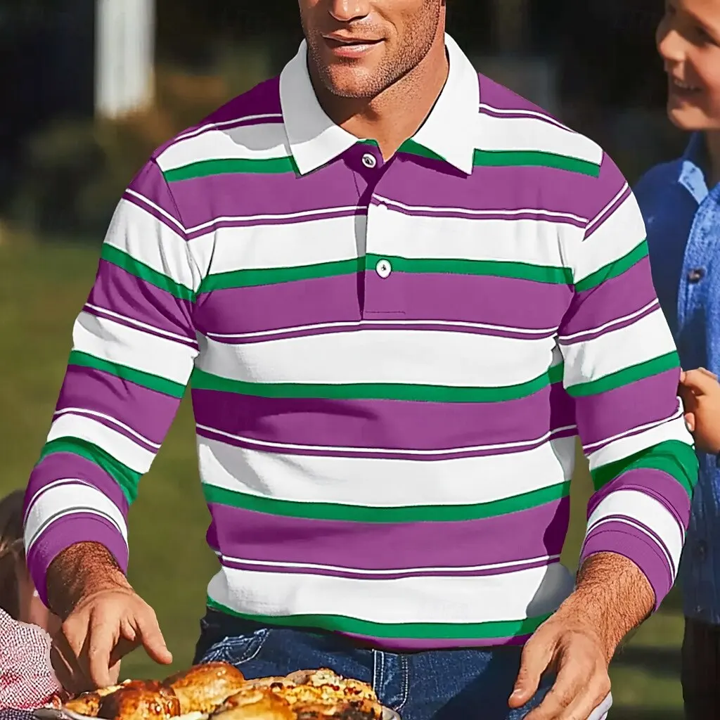 

3D Print Multi Color Stripe Graphic Men's Polo Shirt Autumn Winter Outdoor Casual Long Sleeve Tops Fashion Button Lapel Pullover