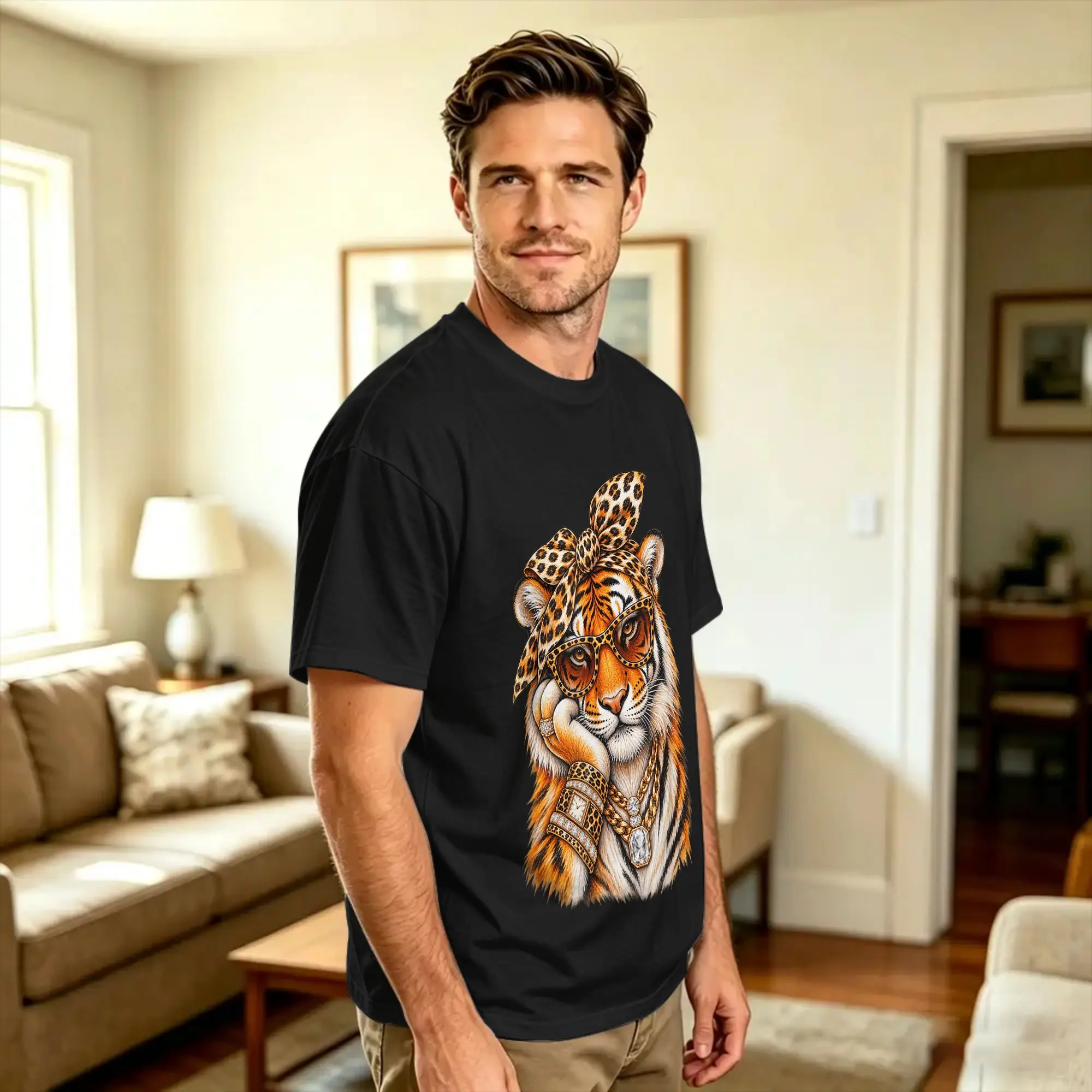Casual T Shirt Summer Bling Tiger Leopard Bow Big Cat Fashion Hip Hop T-Shirts Cotton Tshirt for Men Aesthetic Short Sleeve Tees