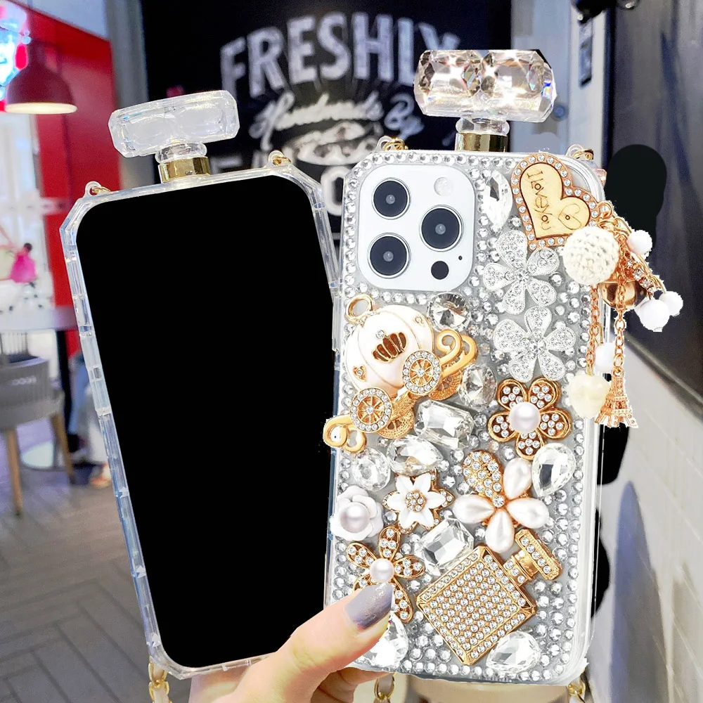 or iPhone 17 Air 16 15 14 13 12 11 Pro Max Plus Luxury Fashion Bling Diamond Perfume bottle Lanyard Phone Cover Case