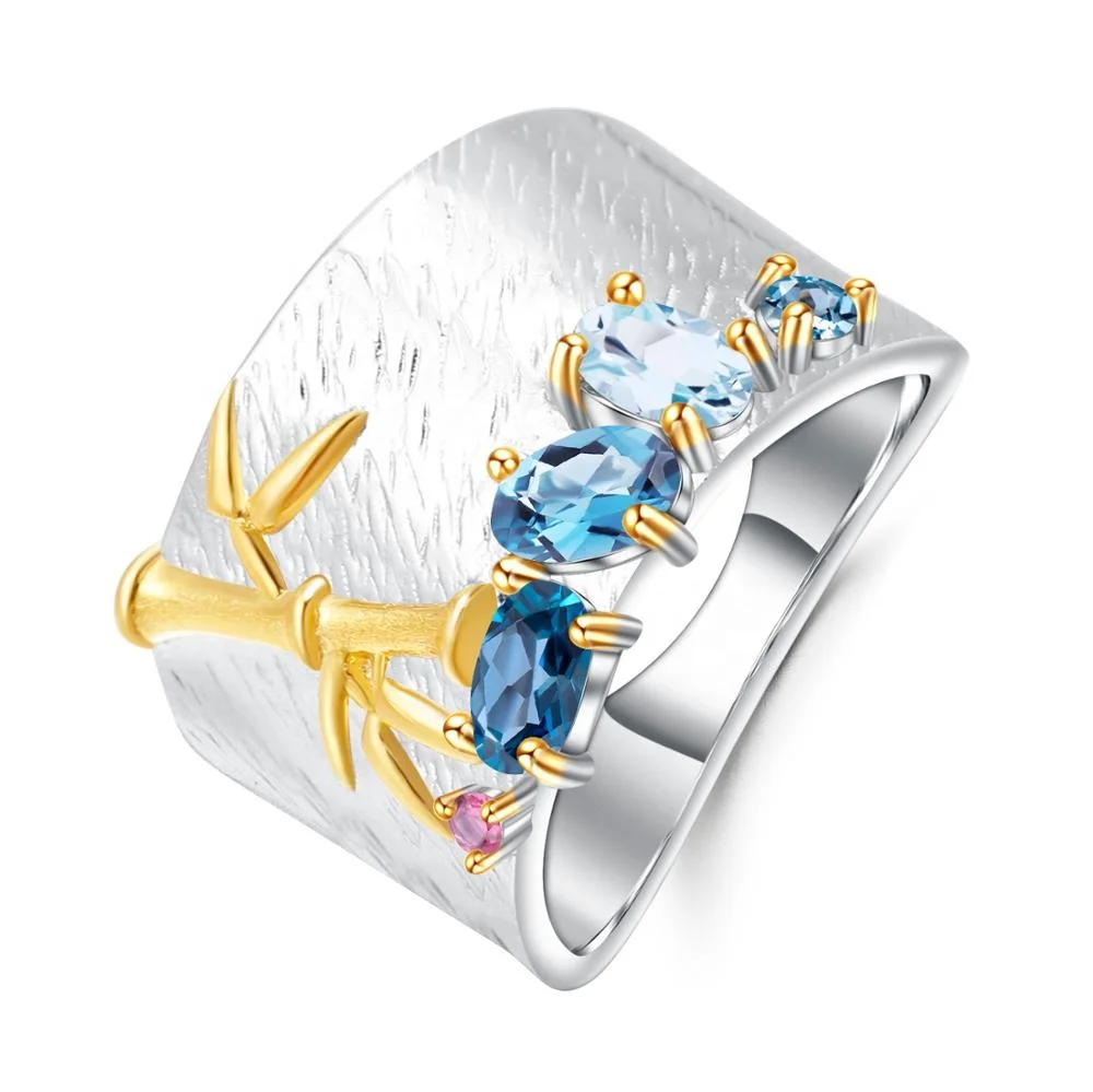 

Bamboo Natural Blue Topaz Gemstone 925 Sterling Silver Gold Plated Fashion Rings Women