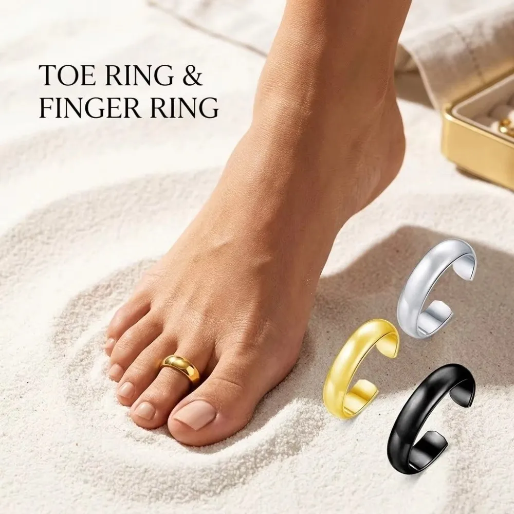 3Pcs Stainless Steel Toe Ring Adjustable Round Open Band Tail Ring 18K Gold Plated Silver Black Beach Foot Jewelry For Women