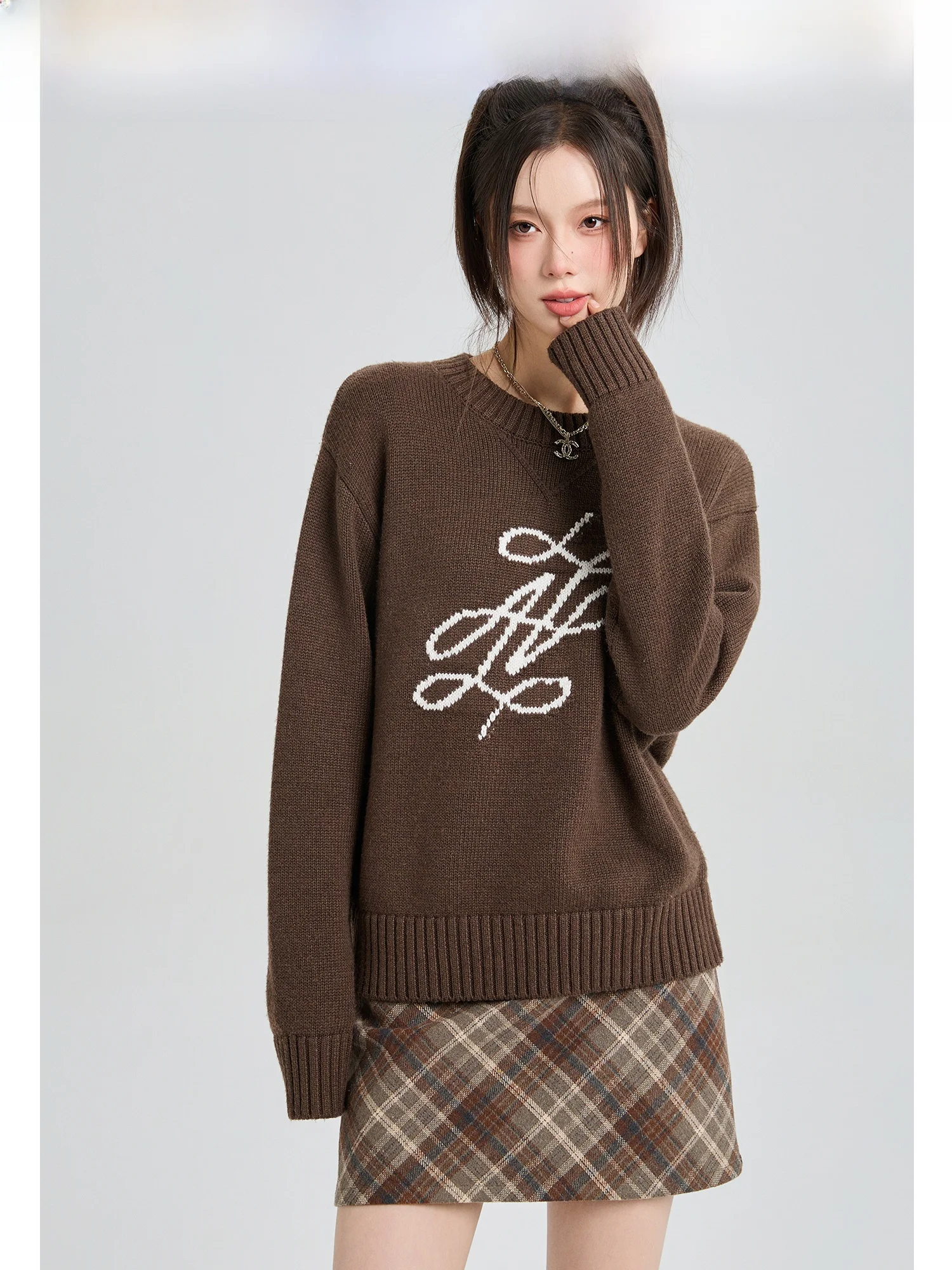 

Женский вязаный свитер Youziqi tle кофейного цвета из смесовой шерсти, свободный крой, осенне-зимний трикотаж, повседневный, для работы и отдыха