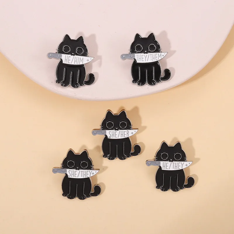 Dark style sword wielding black cat Enamel Pins cartoon English alphabet Third person alloy brooch Jewelry Gifts for Friends