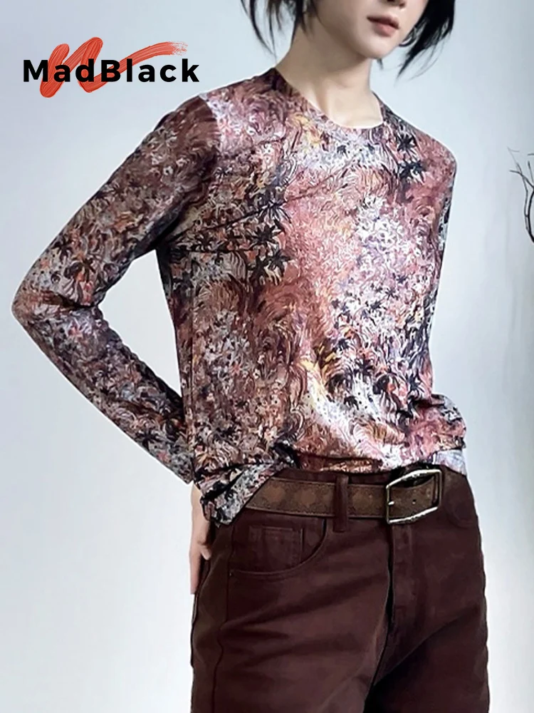 

MadBlack-Женская европейская футболка, сексуальный принт с круглым вырезом, модная современная тонкая эластичная футболка с длинными рукавами M-2XL, зима 2025 T5N545CC