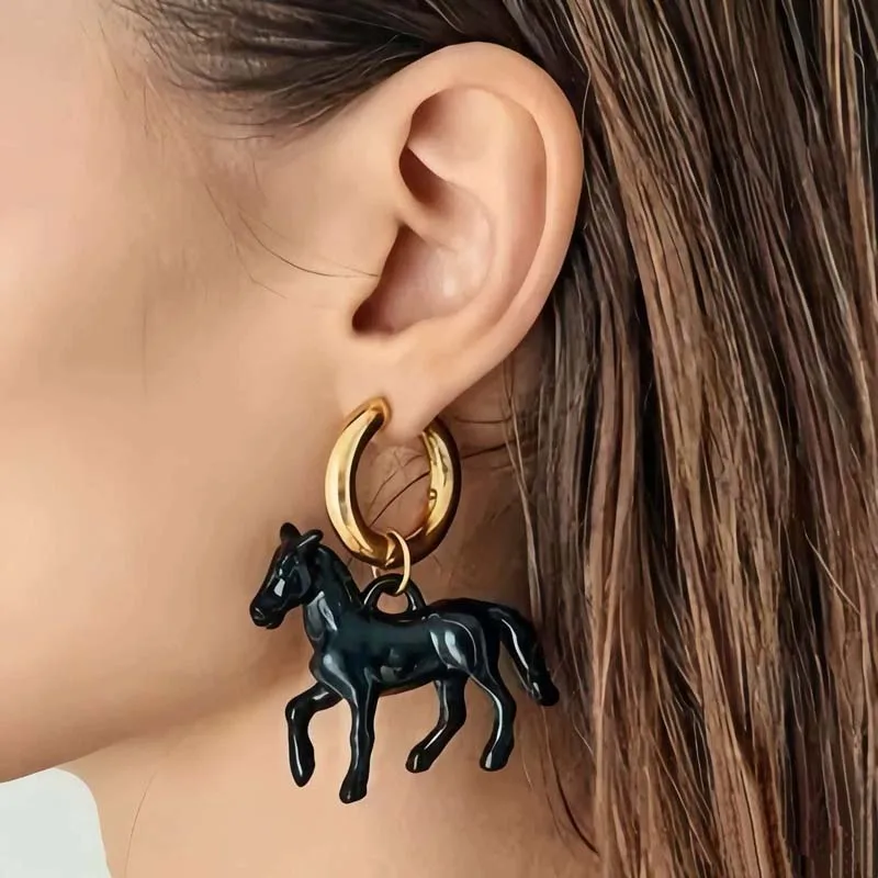 Exaggeration Stereoscopic Small Horse Pendant Earrings for Women Creativity Cute Animal Earrings Charm Jewelry Holiday Gift