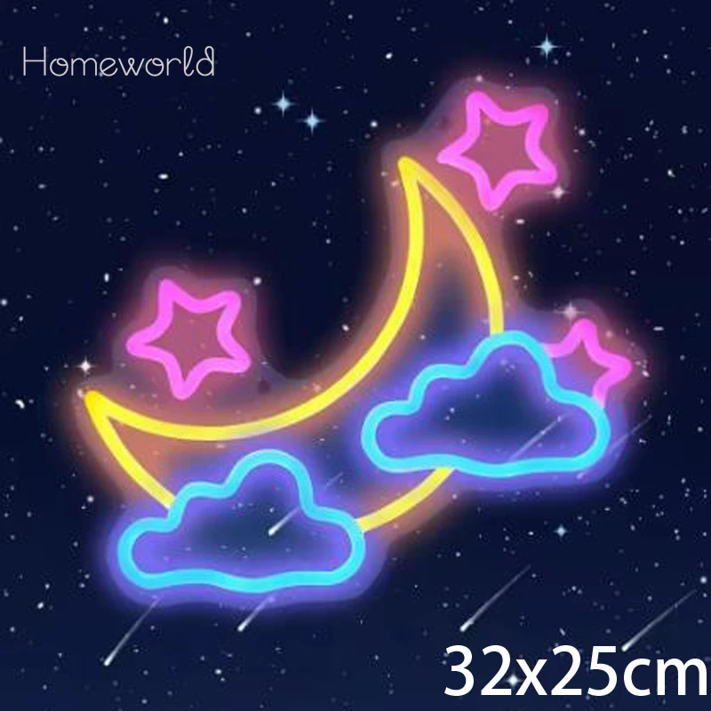 Moon Cloud Star Neon Sign for Wall Decor USB Powered Moon Cloud Stars Neon Sign Light up For Bedroom Kids Room Girls Party Bar