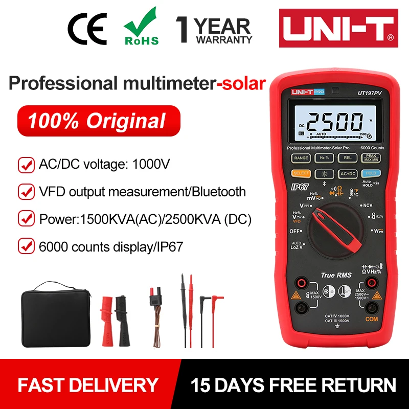 UNI-T UT197PV 1000V Professional Digital Multimeter For Solar REL PEAK Power Measurement Capacitance Tester Auto Range Bluetooth