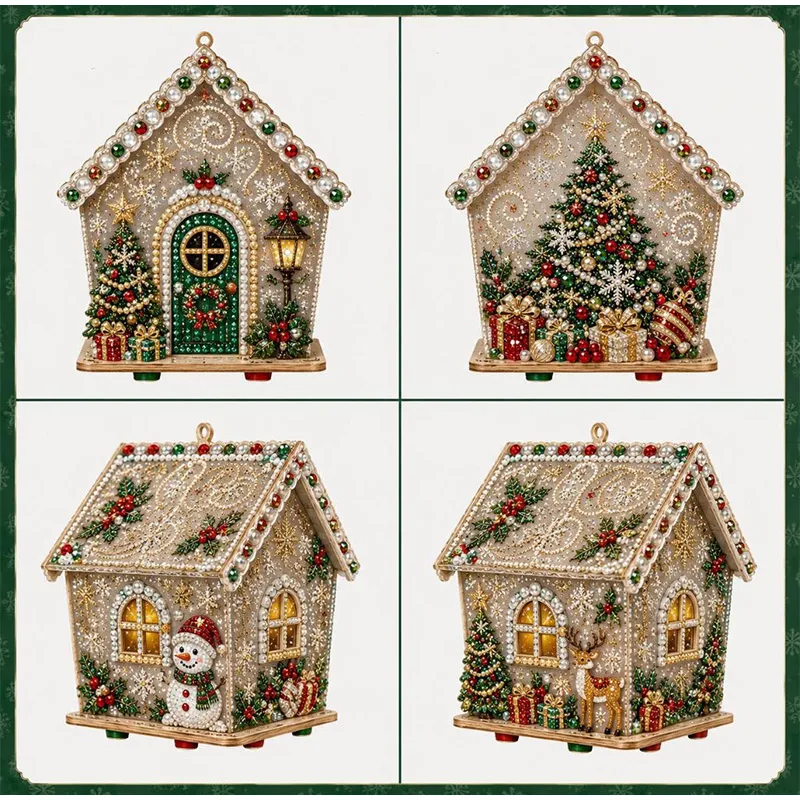 DIY Perlenkunst Weihnachtshaus Diamant-Malerei-Set Lebkuchenhaus-Form Weihnachts-Hängeornament-Set für Heimdekoration Geschenk – Detail 12