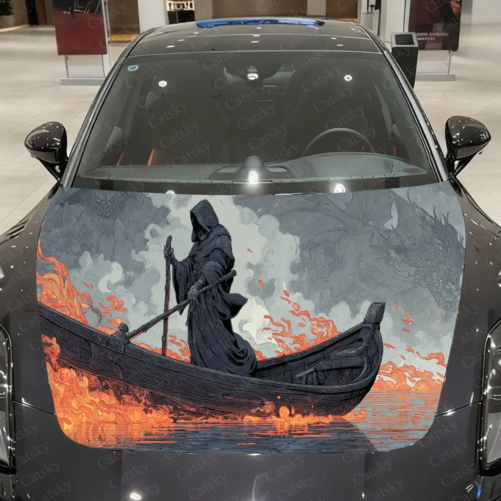 

Dark Fantasy Grim Reaper Ferry Car Vinyl Wrap, PVC Waterproof Car Hood Sticker, Self-Adhesive Scratch-Resistant Stickers